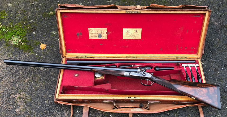 An 1883 Purdey with damascus barrels choked Full & Full with a set of Wehitworth steel barrels made 1/4 and 3/4 choke.