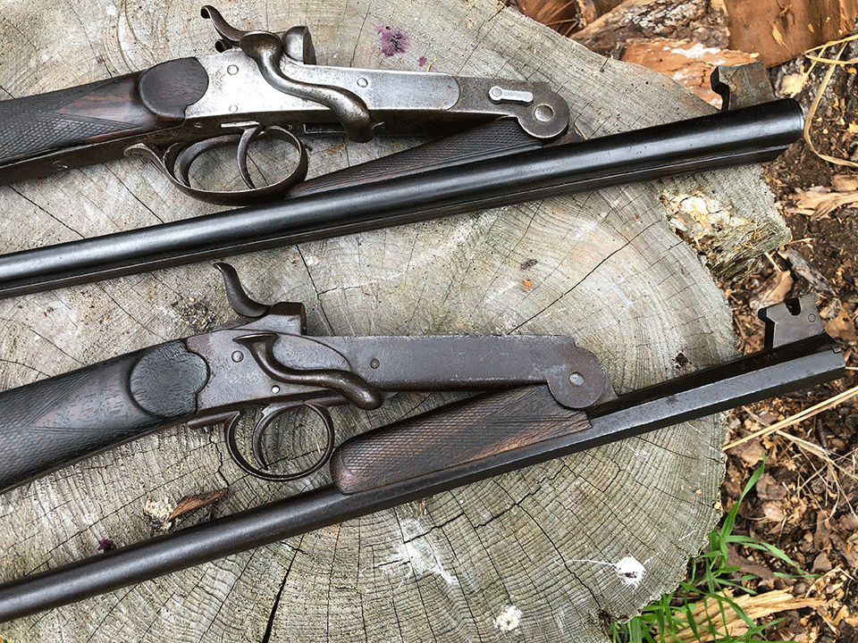 Double and single barrel central hammer .410 guns from the early 1900s. The single cost £2.00 and the double a pound more. 