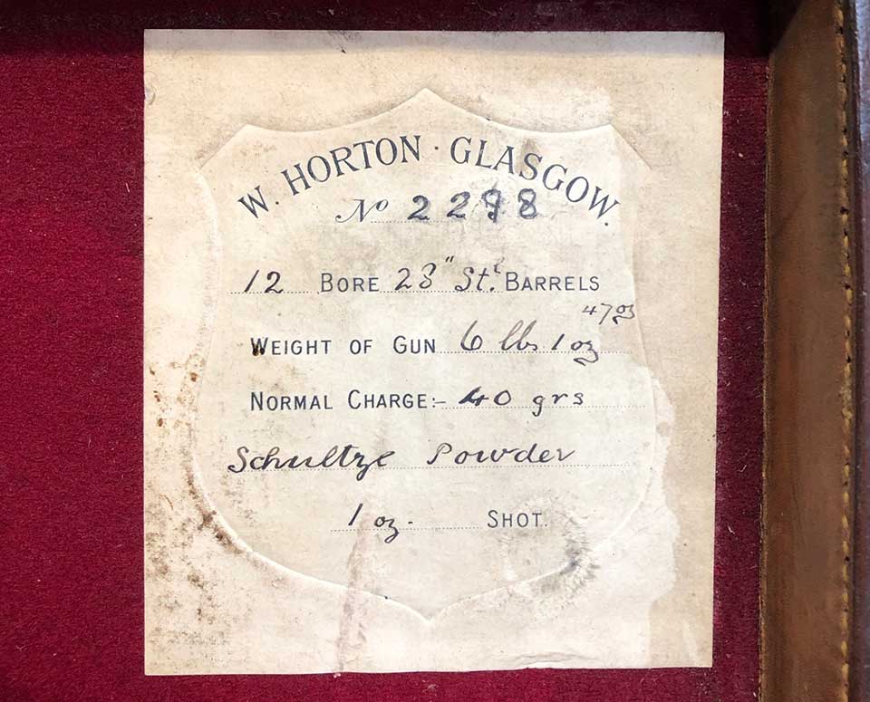 A typical load card from a case lid. Schultze denotes the make of smokeless powder, 40grns the amount of it a 1oz the shot load.