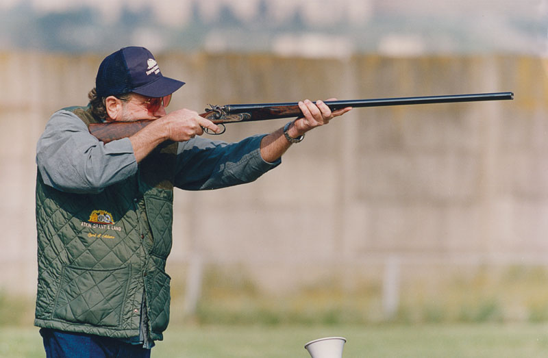 Cyril's first love was live pigeon trap shooting. He was very good at it. Here he is seen using 'Supergun', a Stephen Grant hammer gun with 34" barrels.