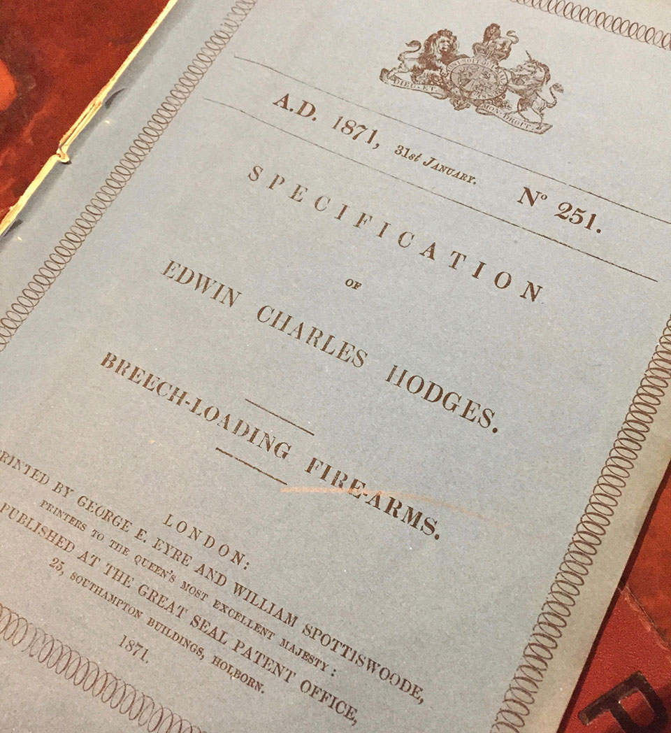 The original patent specifications for the 1871 Hodges action.