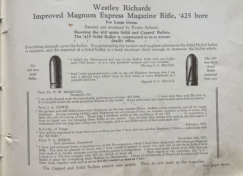 This page from a later Westley Richards catalogue contains a commendation of the .425, penned by F.C Selous.