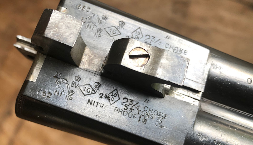 Proof marks from the Lewis 16-bore, showing original 2 3/4" proof marks and 1 1/16 oz shot load.