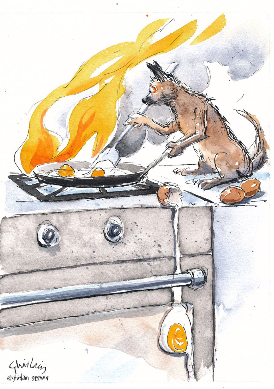 Ratty, the terrier, preparing breakfast.