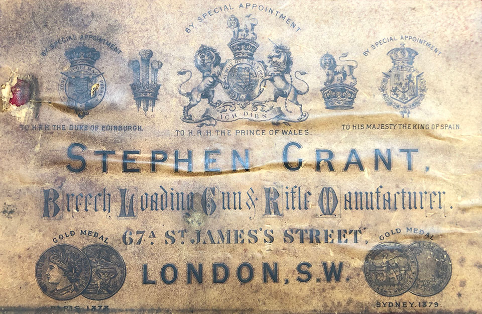 Grant's trade label from 67A St. James's Street, where he set-up in business in 1867.