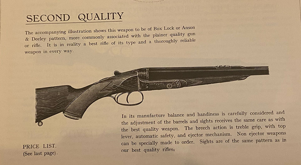 1930s catalogue entry for the original Rigby boxlock double rifle.