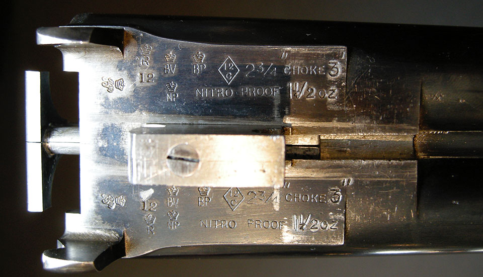 Proof marks on the flats of a Cashmore 'Nitro' pigeon gun.