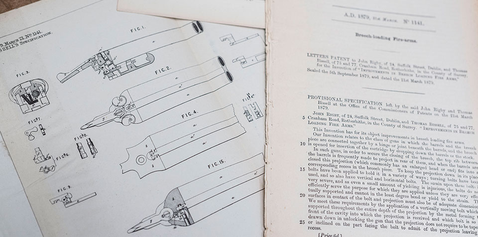 The patent drawings and specifications for the 1879 'vertical bolt'.