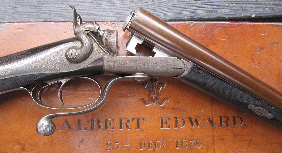 One of a pair of 16-bore guns built for 'Bertie' the Prince of Wales in 1870. The action is a Jones under-lever with back-locks and Hodges patent forend-cam, No.2996 of 1866.