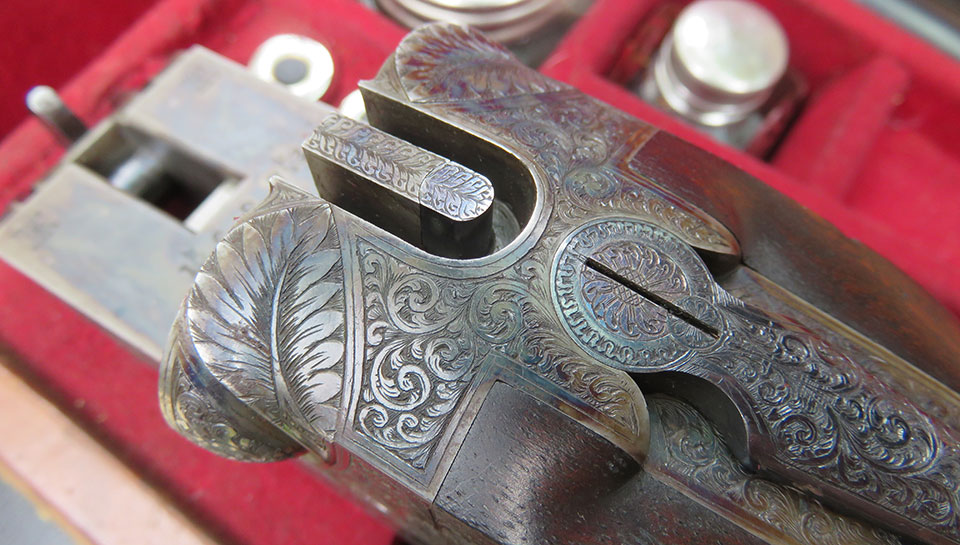 The vertical bolt on a Rigby double rifle.