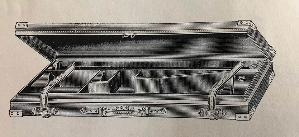 A best quality oak & leather case made from finest selected hide on carefully dove-tailed oak frame, fitted with cast brass corners and centre plate, double action spring locks, lined with best cloth. This cost £3.18s 0d in 1912.