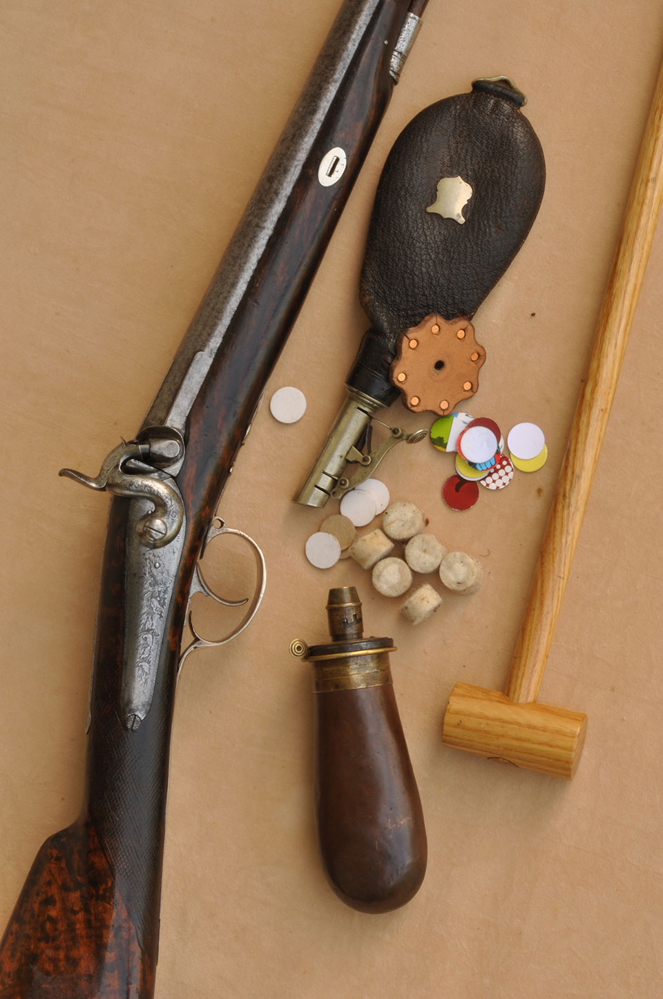 Thomson and its suite of accessories. The powder flask is a contemporary Sykes with a fireproof top,the shot flask a later top of the range Hawksley with German sliver spout and a Morocco leather body. Capper is a modern made leather item, Loading rod is an ash dowel.