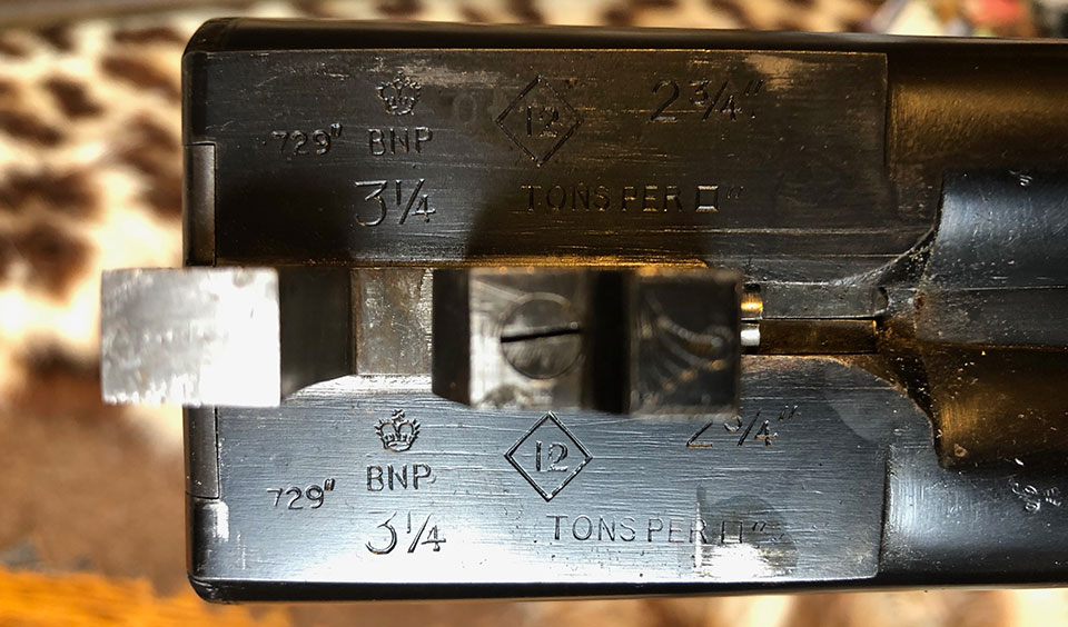 The 2 3/4 nitro proof marks on this boxlock mean it can be used with 'Standard Steel' loads in 70mm cases.